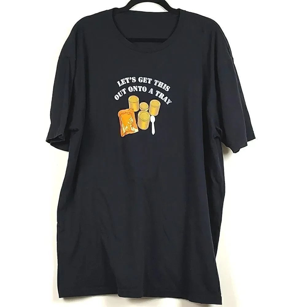 Crew Neck Short Sleeve T-Shirt "Let's Get This Out Onto A Tray" in Black